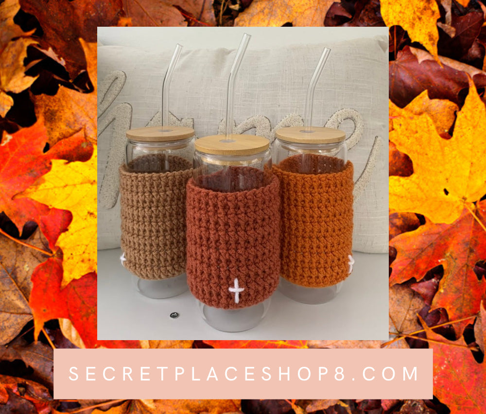 Glass Cup with Fall Colored Cross Cover